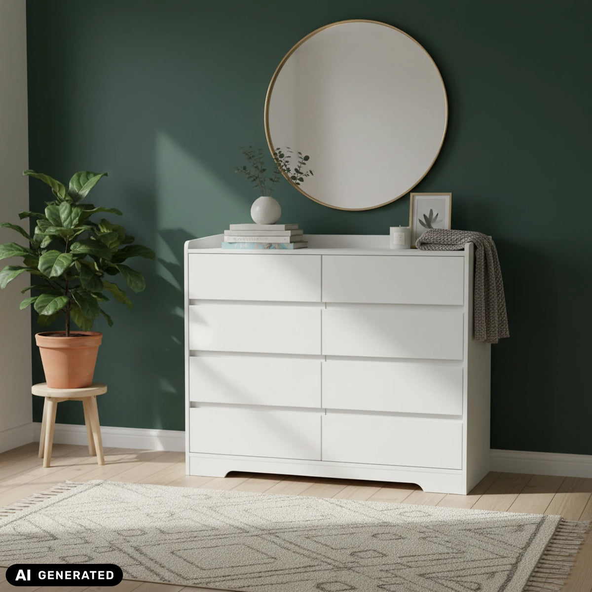 White OSOYRO chest of drawers with eight drawers in front of a green wall by hjh LIVING (AI-generated image)