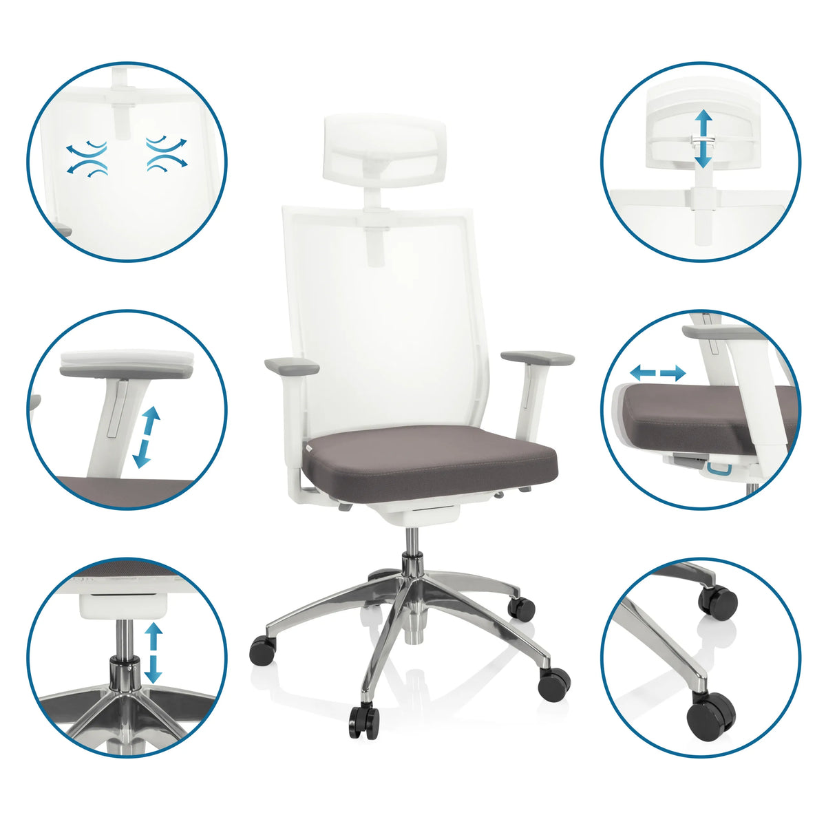 Adjustment mechanisms of the Professional Office Chair ASPEN WHITE PRO in grey-white by hjh OFFICE