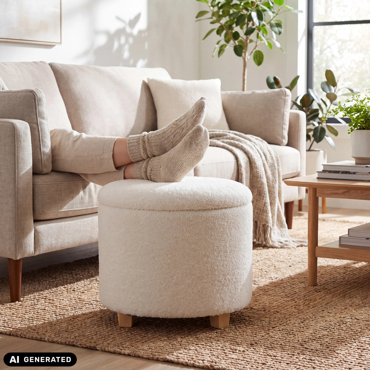 White Storiano S upholstered stool with fabric cover and wooden legs by hjh LIVING (AI-generated image)