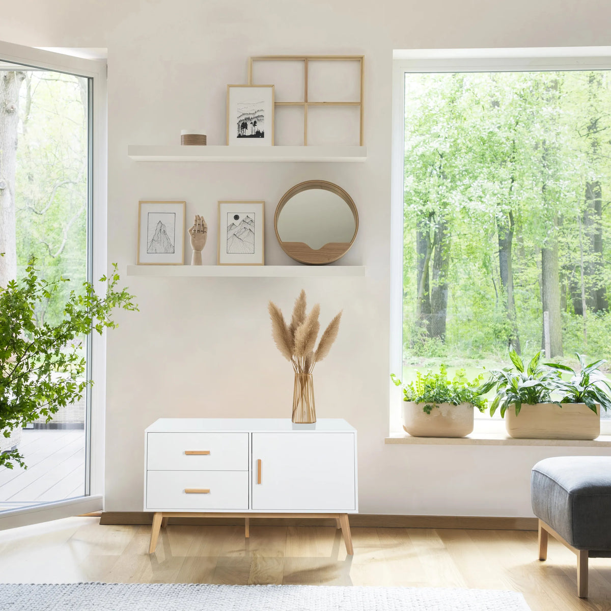 White Sideboard TAROLO with two drawers and one cupboard compartment on wooden legs by hjh LIVING