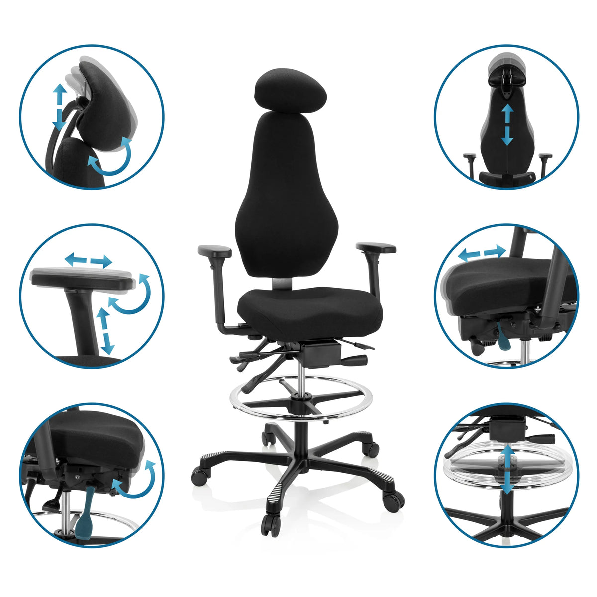 Adjustable features of the Counter chair RESISTIO WORK with headrest, armrests and footring by hjh OFFICE