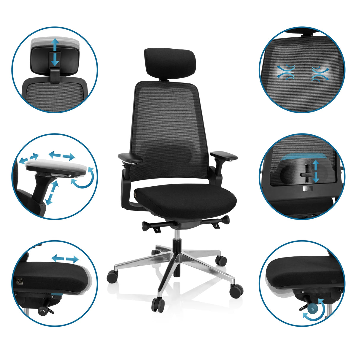 Various adjustment options of the Professional Office Chair BRACIO in black by hjh OFFICE