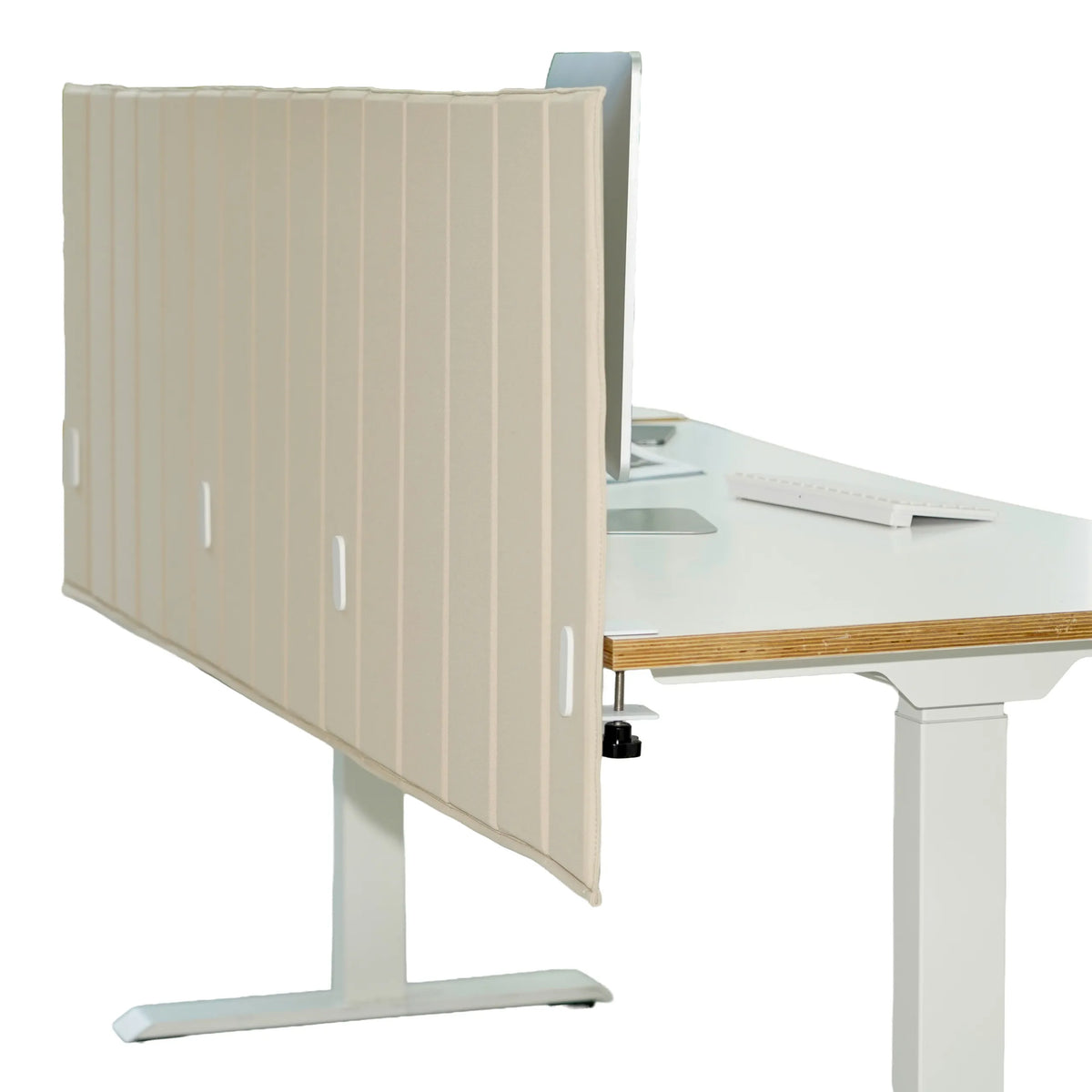 Beige table partition FLEXMIUT ROLL with vertical stitching on a desk by hjh OFFICE