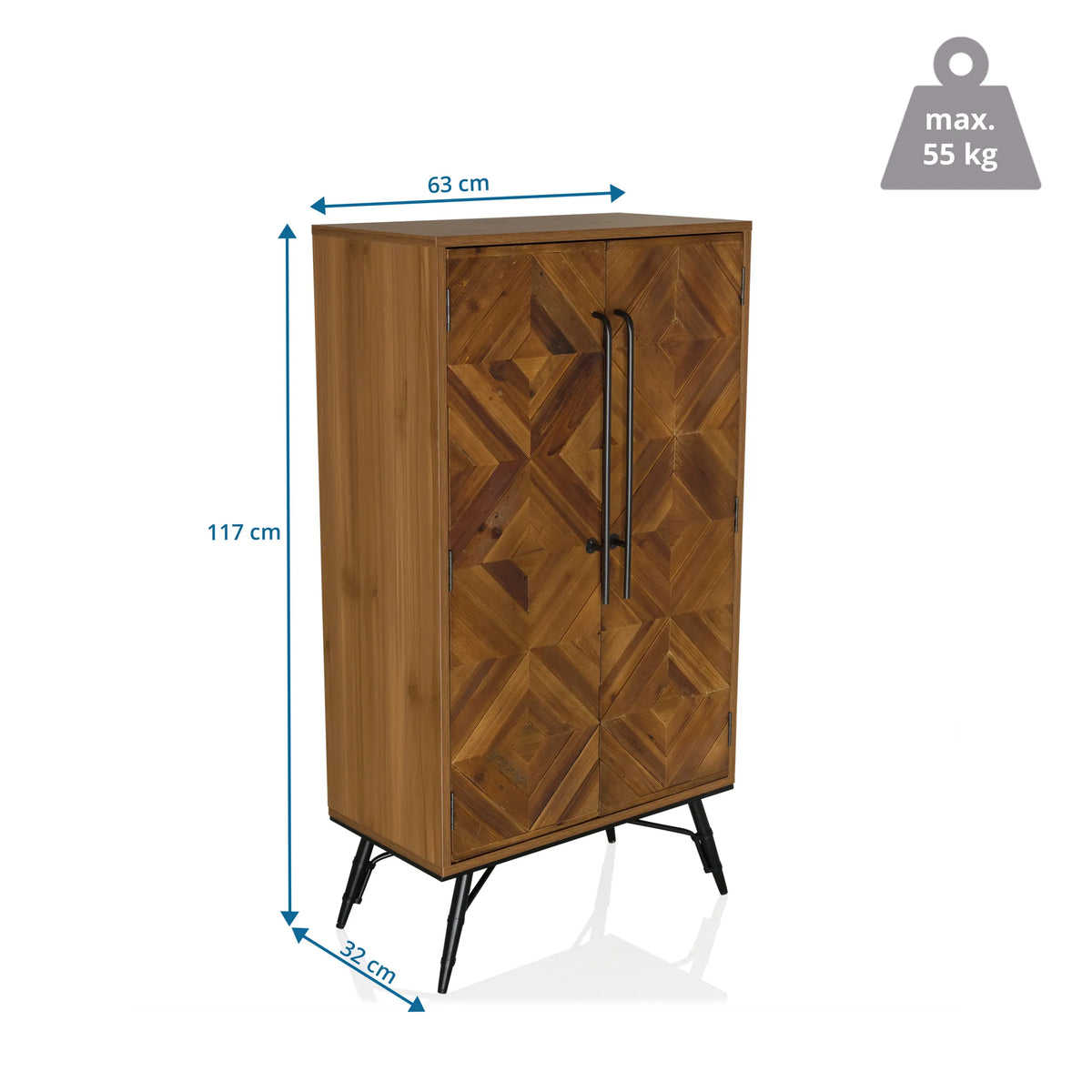 Dimensional drawing of the Chest of drawers SANTJAGO WOOD HIGH, 117 × 63 cm, maximum load 55 kg, by hjh LIVING