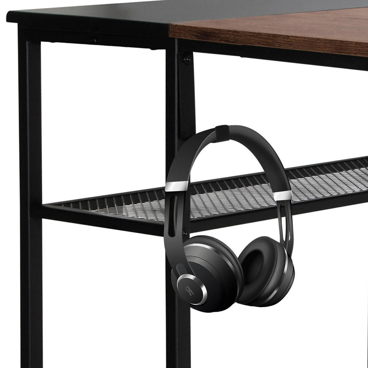 Headphones on the shelf of the WORKSPACE H I Office Desk in black-brown by hjh OFFICE