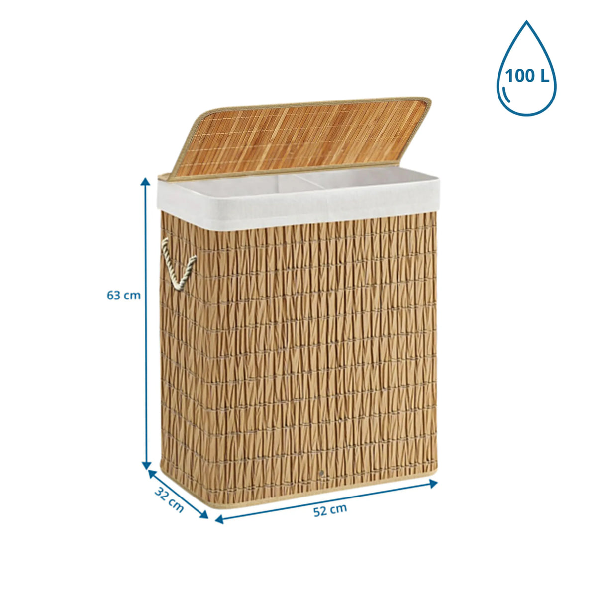 Dimensional drawing of the FALSTER XL R laundry basket with 63 × 52 cm and a volume of 100 l by hjh LIVING