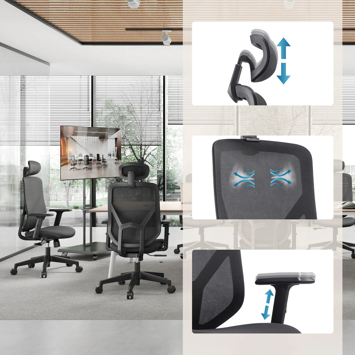 Height-adjustable headrest and armrests of the Home Office Chair BLACORE by MyBuero