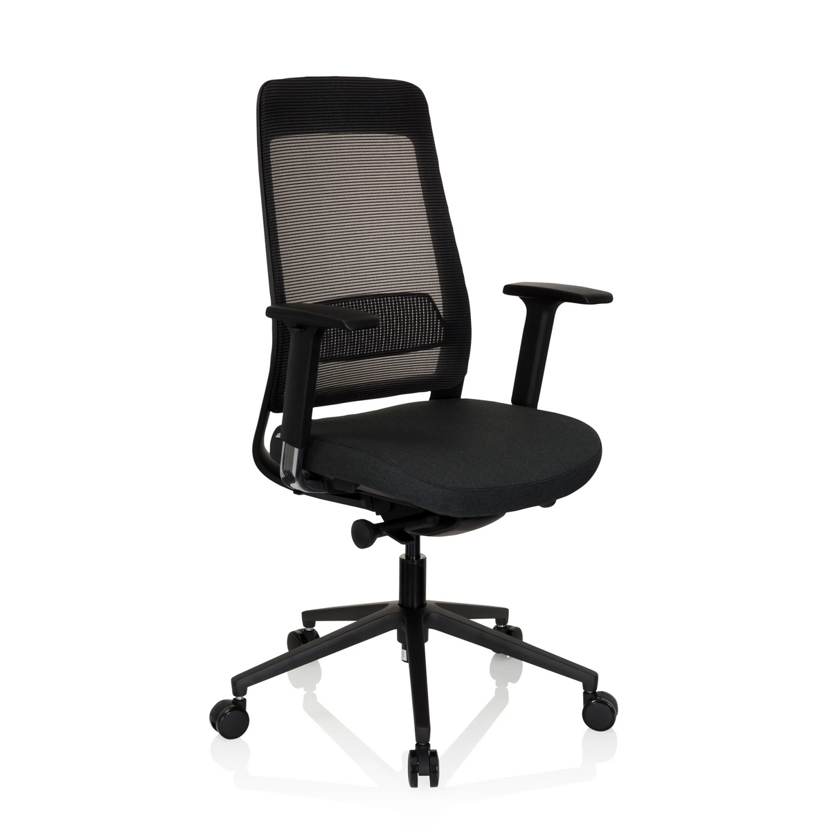 Black Professional Office Chair CHIARO T1 BLACK with mesh back and five-caster base by hjh OFFICE – 360-degree view (front three-quarter view 40°)