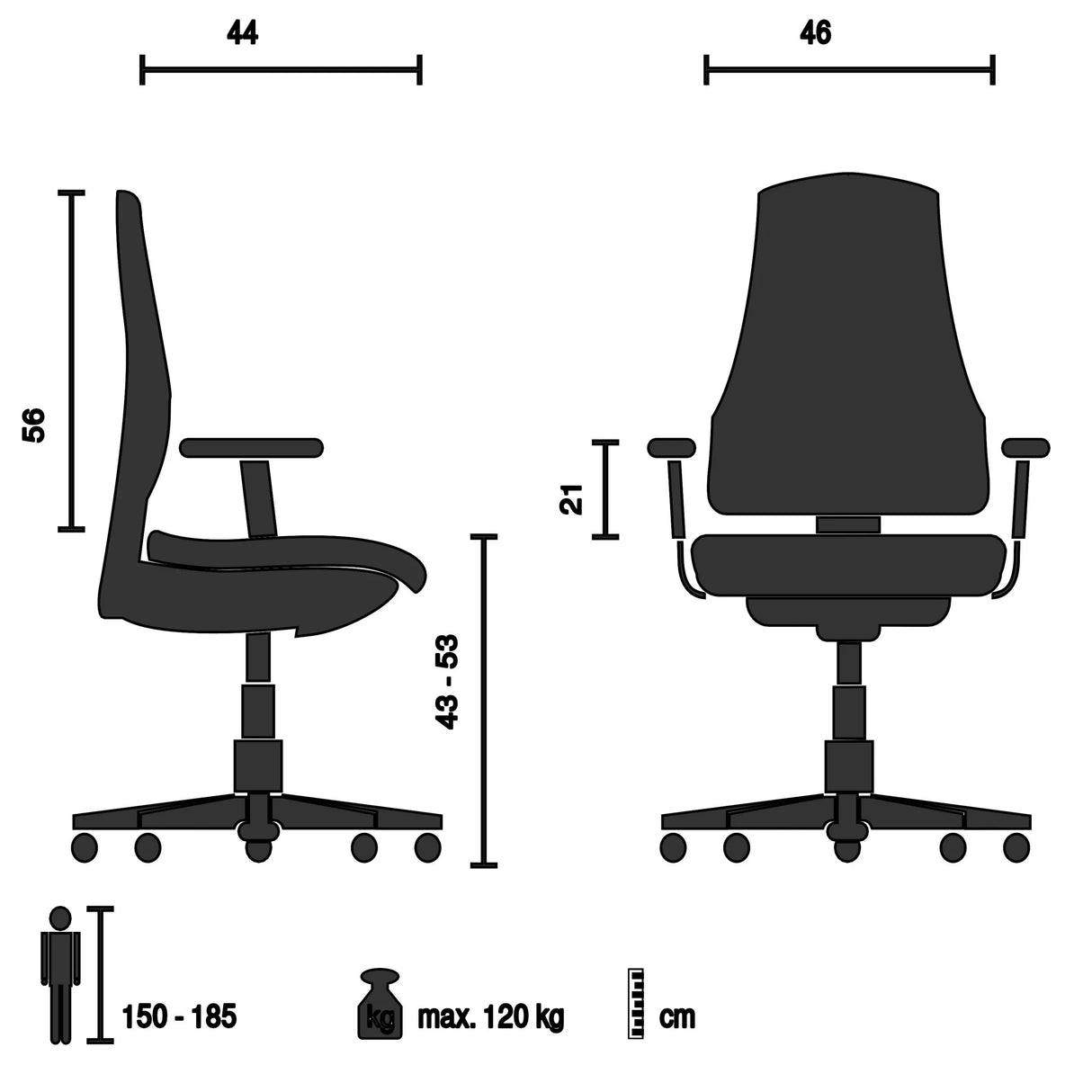 Technical drawing of the Home Office Chair BELIO with a maximum load capacity of 120 kg by hjh OFFICE