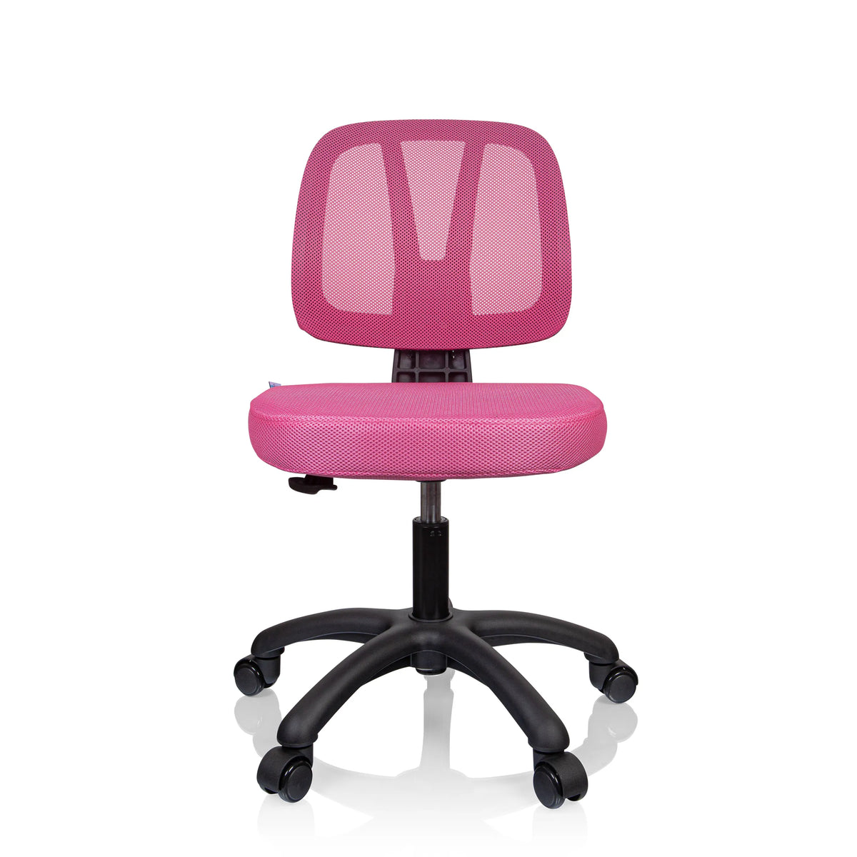 Pink Swivel Chair – Children KID YU 200 with mesh back and black five-caster base by hjh OFFICE – 360-degree view (front view 0°)