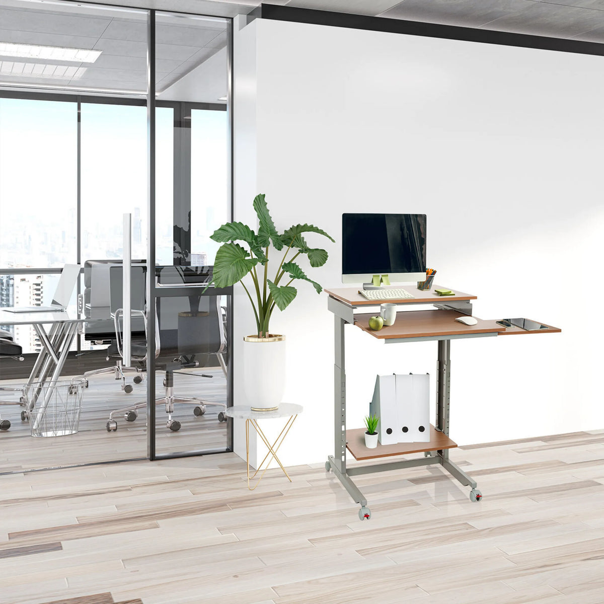 Standing desk WORKSTATION in beech and grey with two storage shelves and castors by hjh OFFICE