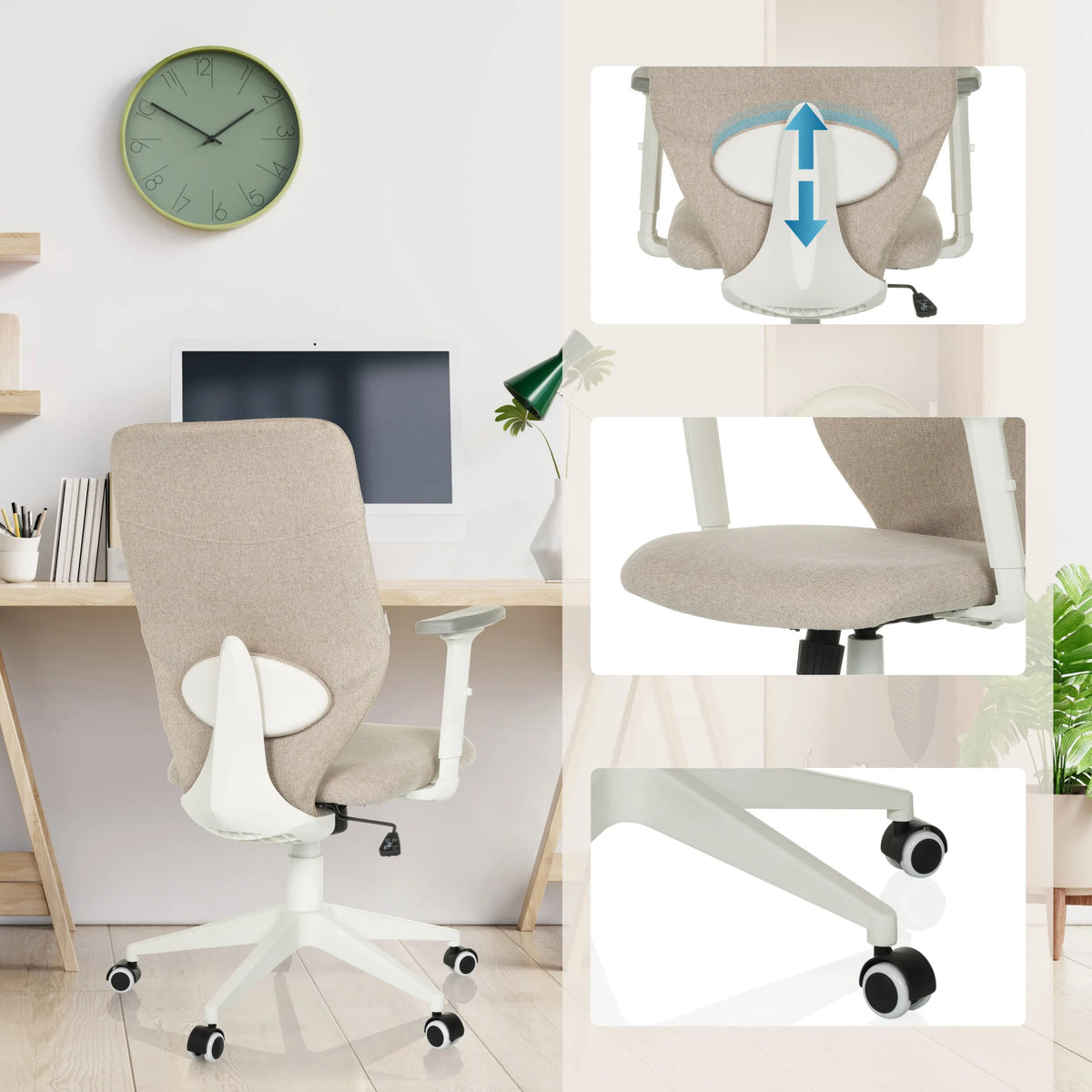 Home Office Chair COSIO II in beige with adjustable seat height, seat and caster base by hjh OFFICE