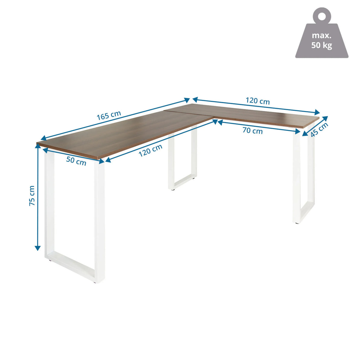 Dimensional drawing of the Corner desk WORKSPACE BASIC I in walnut and white, 165 x 120 cm, by hjh OFFICE