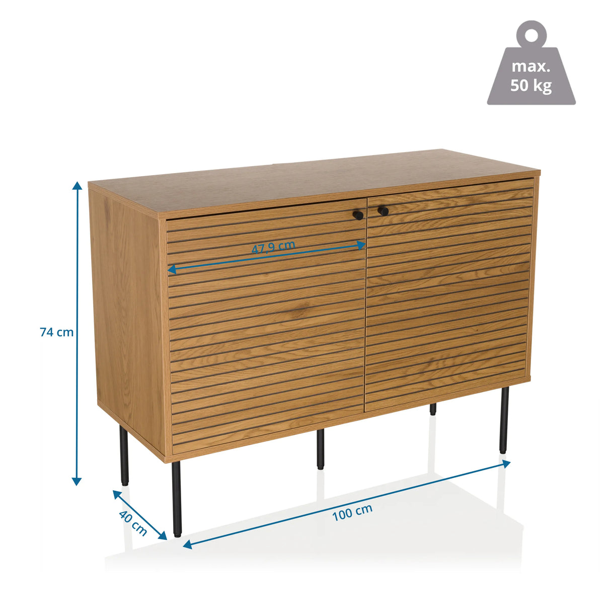 Dimensional drawing of the Sideboard LINNO S, 100 × 74 cm, with a load capacity of 50 kg by hjh LIVING