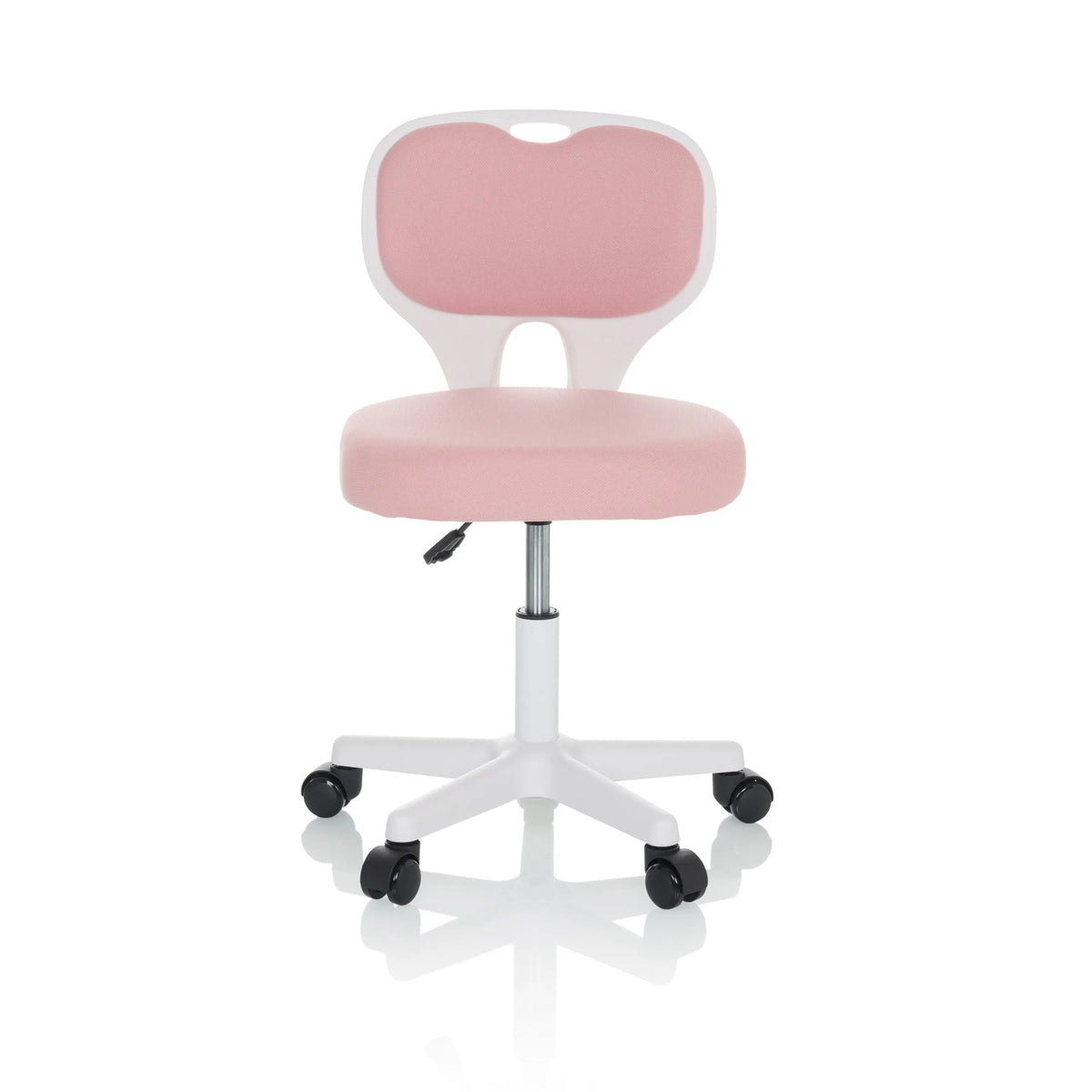 Pink Swivel Chair – Children KIDDY TOP W with white frame and five-caster base by hjh OFFICE – 360-degree view (front view 0°)