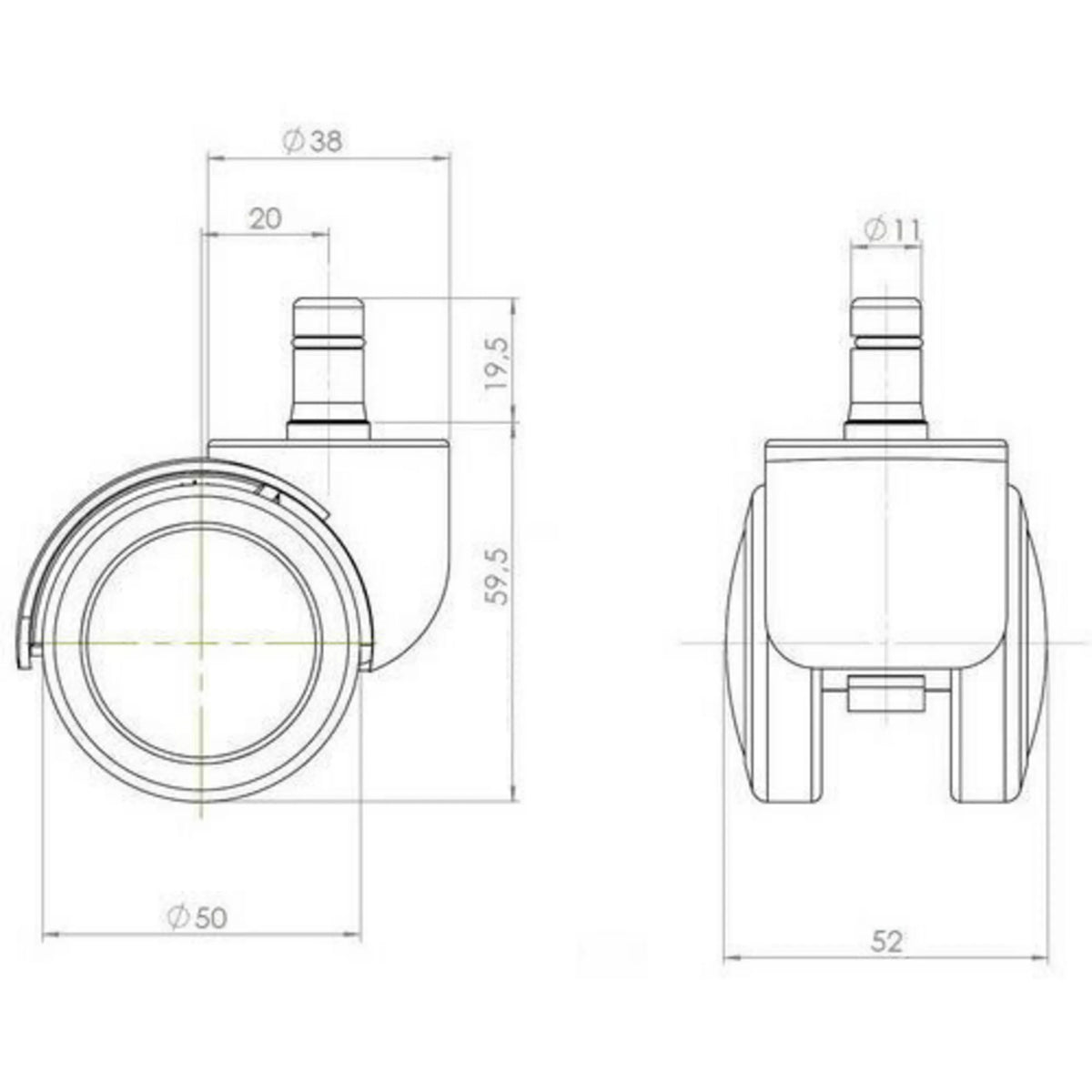 Technical drawing of the 5x ROLO 11mm/50mm castors with a wheel diameter of 50 mm by hjh OFFICE