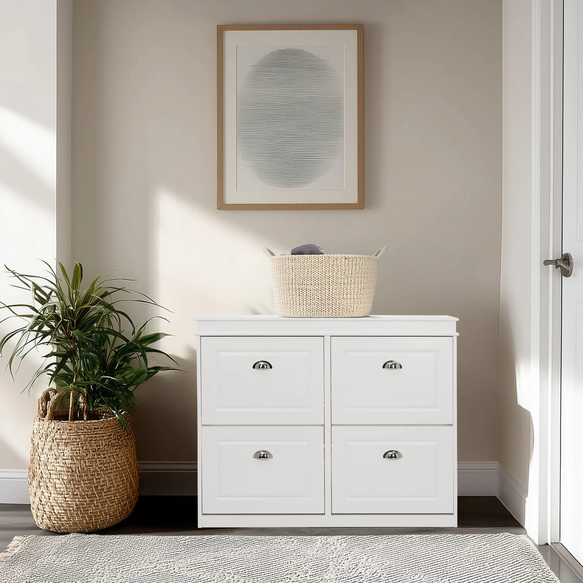 White Shoe Cabinet ESTHA 4 with four drawers and silver-coloured handles by hjh LIVING