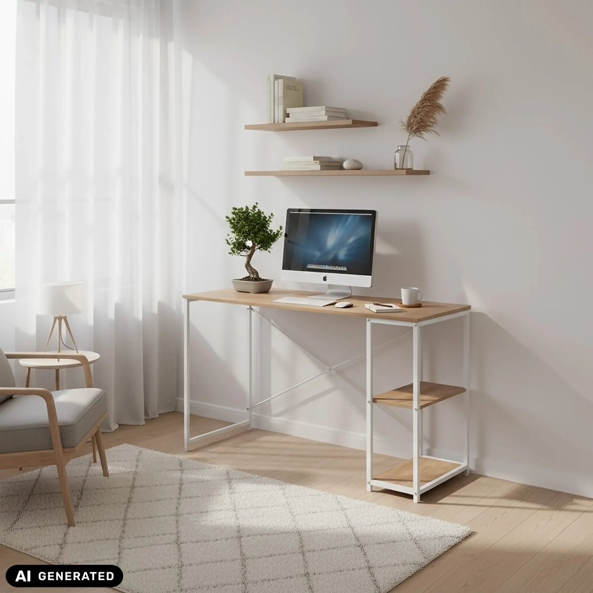 Easy Up2 office desk in white and oak with integrated shelf by hjh LIVING (AI-generated image)