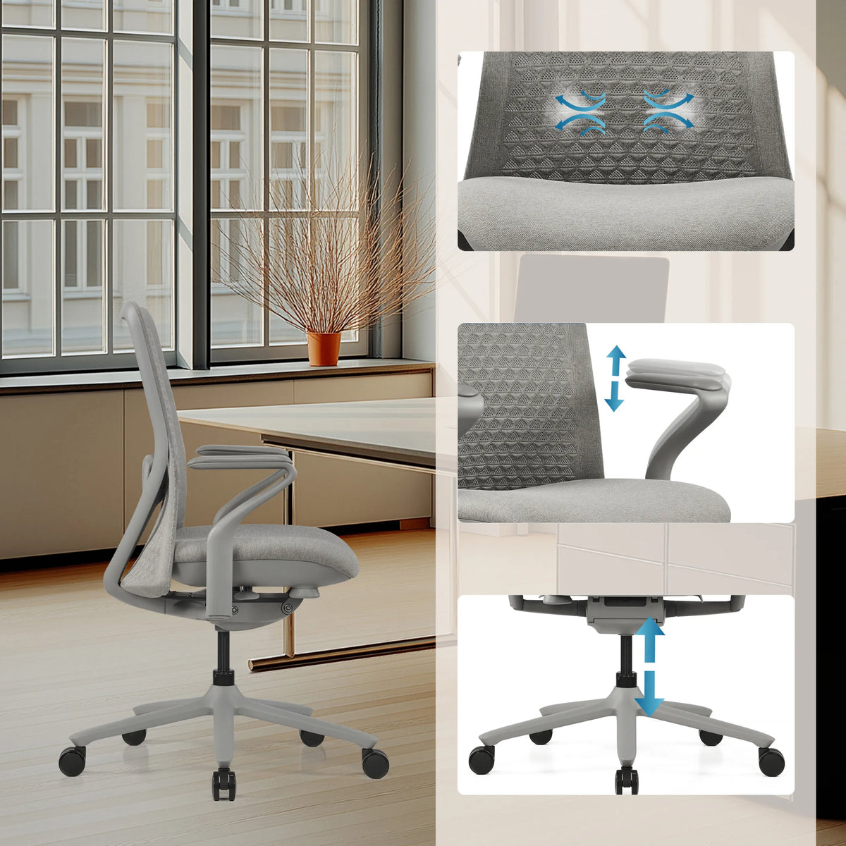 Height-adjustable armrest and gas spring of the high end office chair VERVIO in grey by hjh OFFICE