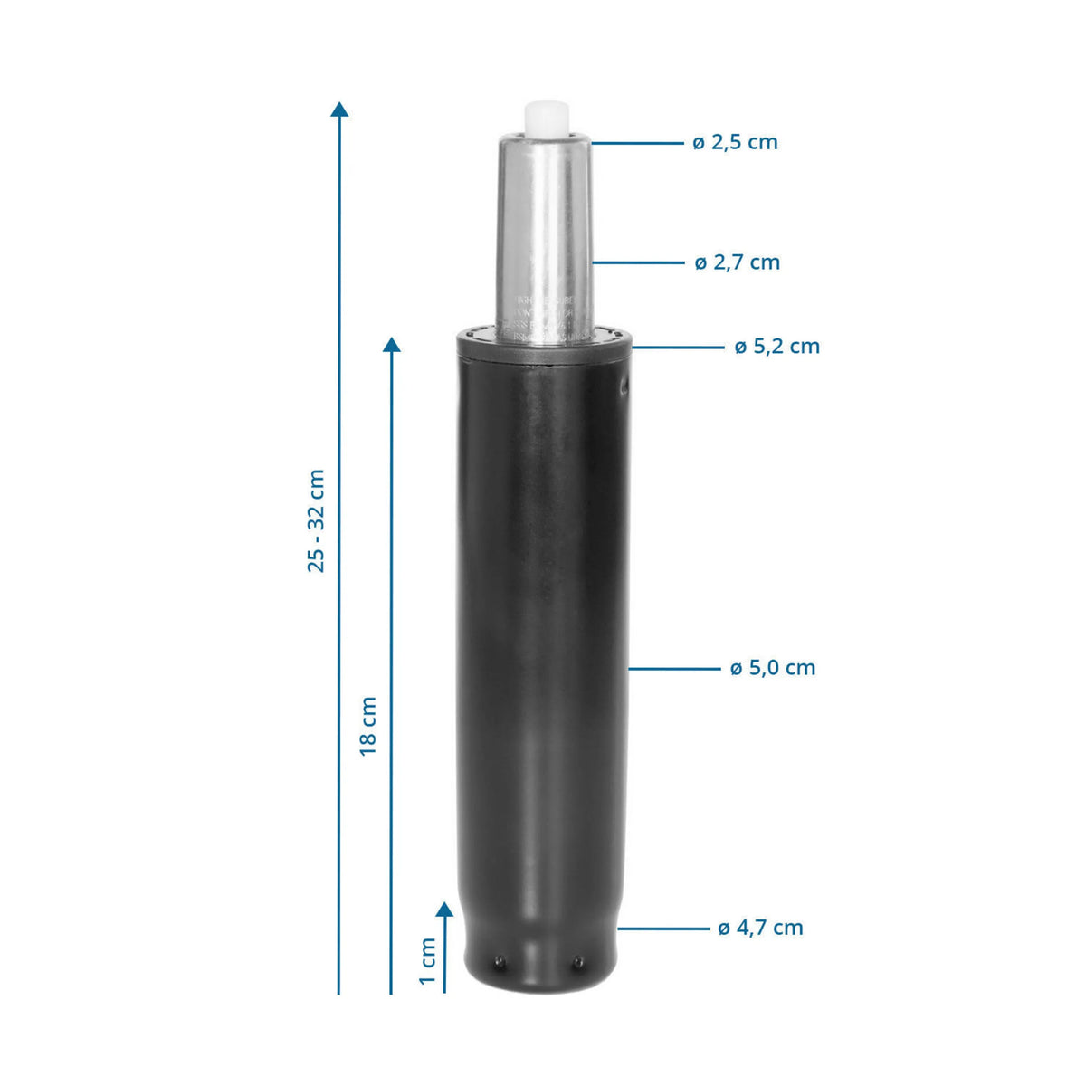 Dimensional drawing of the Gas Spring GF-S with a total height of 25 to 32 cm by hjh OFFICE