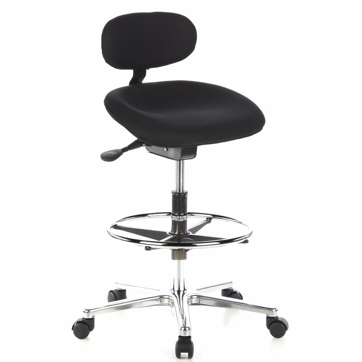 Black Counter chair WORK MF with footring and five-caster base by hjh OFFICE – 360-degree view (front three-quarter view 40°)