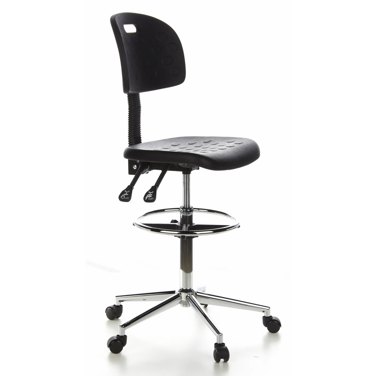 Black Counter chair TOP WORK 23 with foot ring and five-caster base by hjh OFFICE – 360-degree view (front three-quarter view 60°)