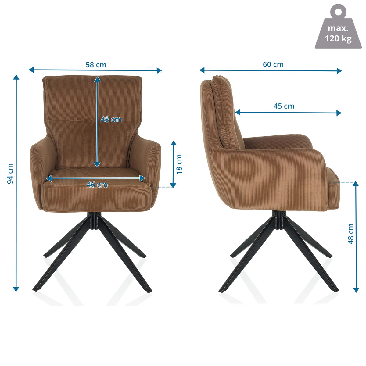 Dimensional drawing of the Upholstered chair TARUGO with a height of 94 cm and width of 58 cm by hjh LIVING
