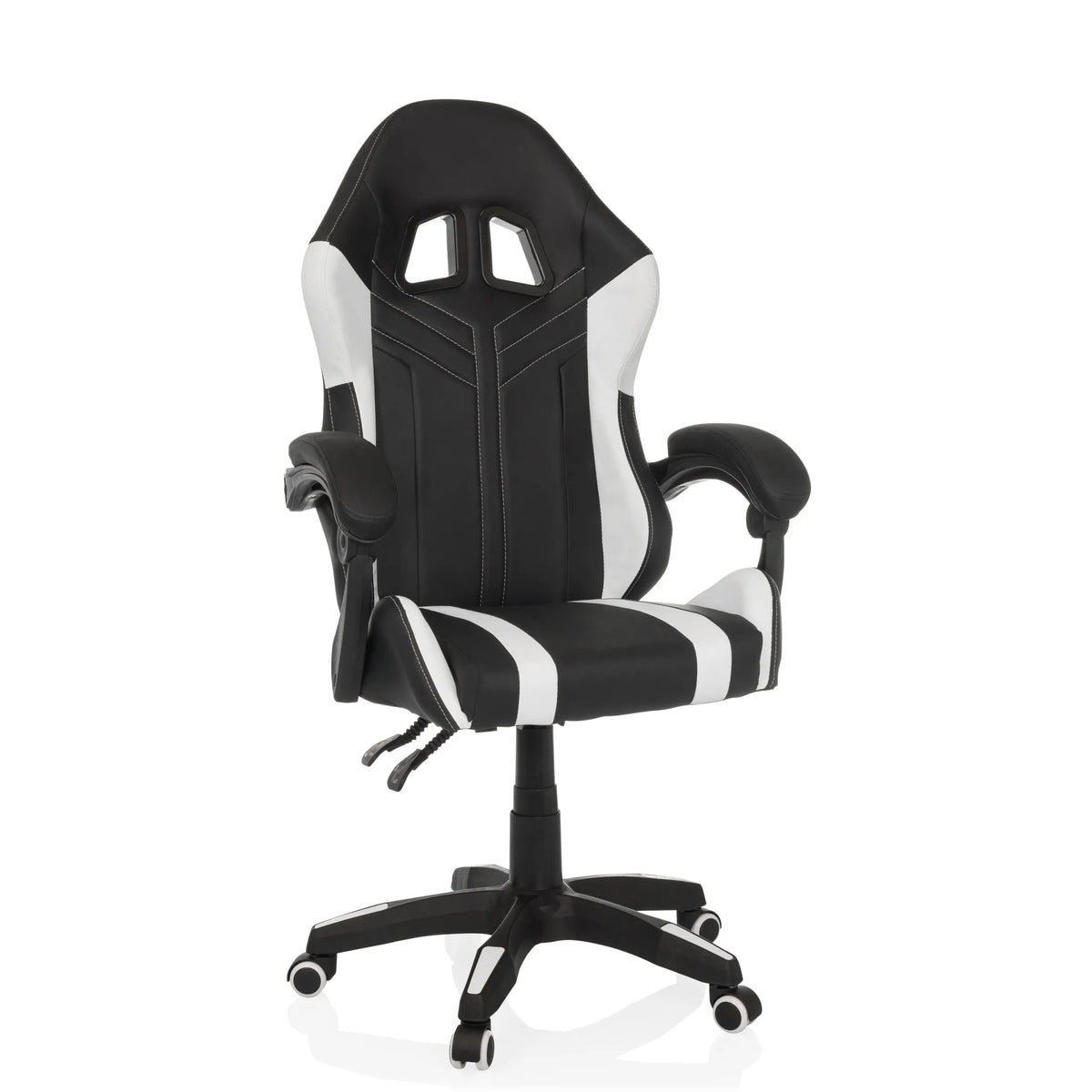 Black and white Gaming chair GAMEBREAKER W02 with a five-caster base by MyBuero – 360-degree view (front three-quarter view 30°)