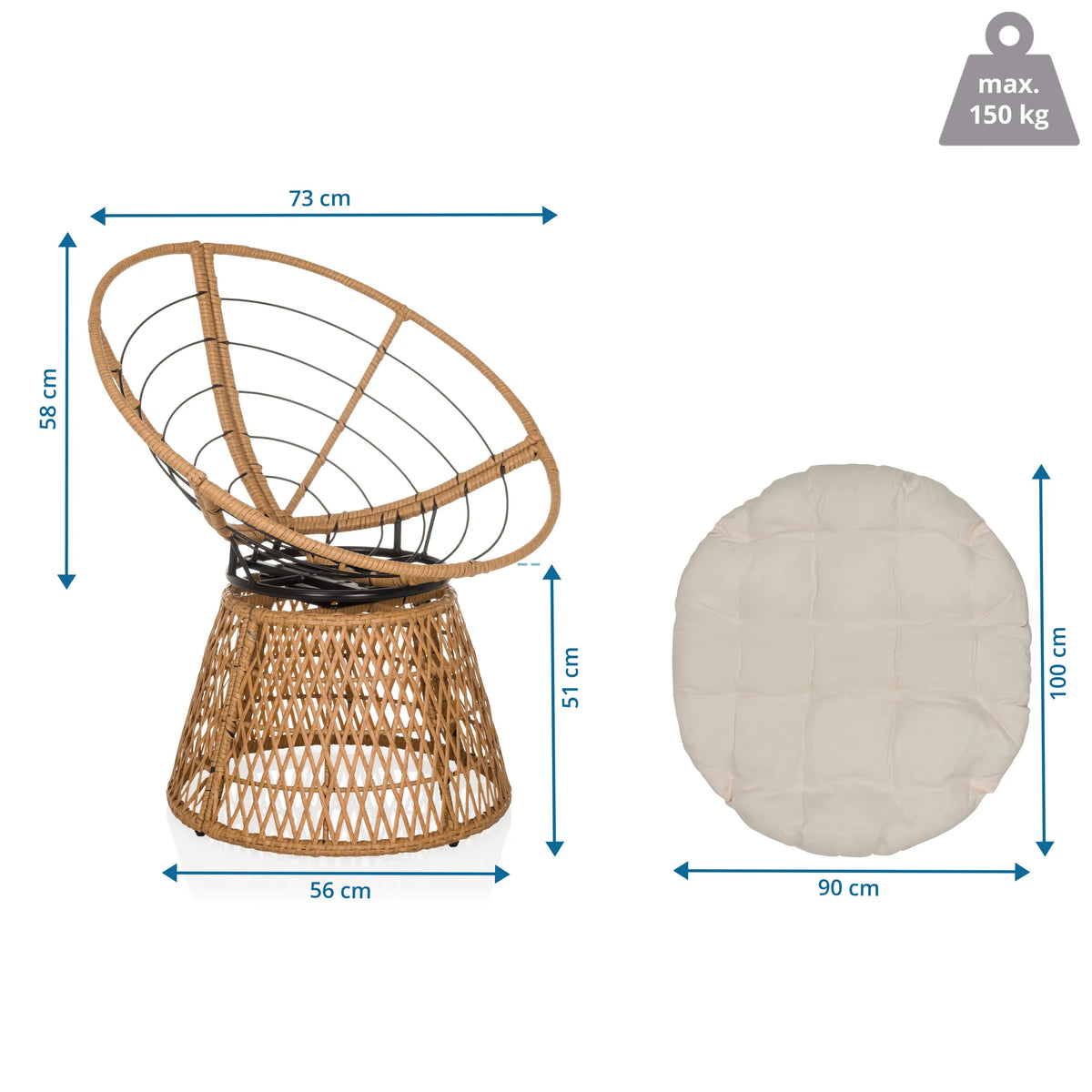 Dimensional drawing of the Outdoor chair WEAVORA with 73 × 58 cm and maximum load of 150 kg by hjh LIVING