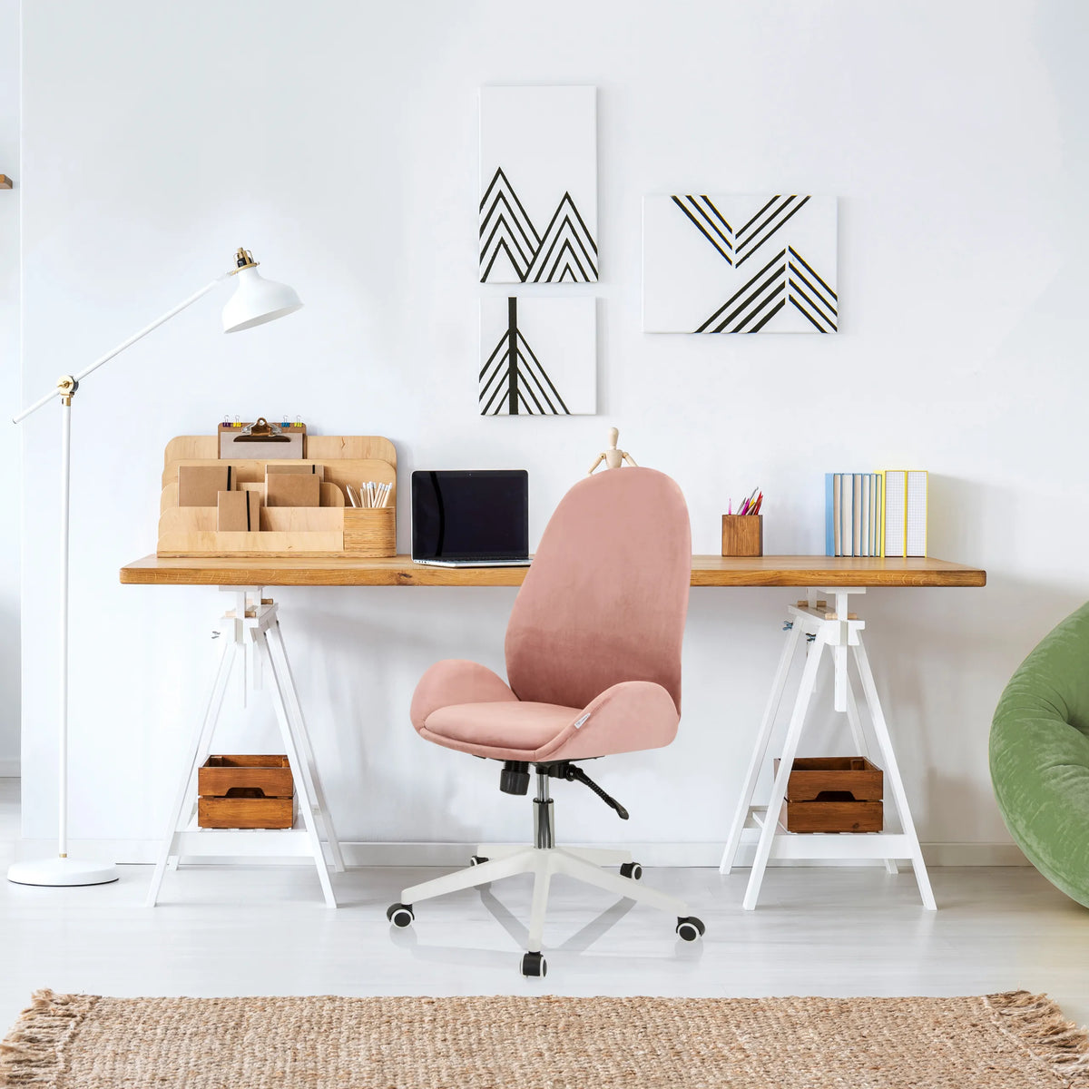 Home Office Chair AVEA in pink with white star base and castors in front of a desk by hjh OFFICE