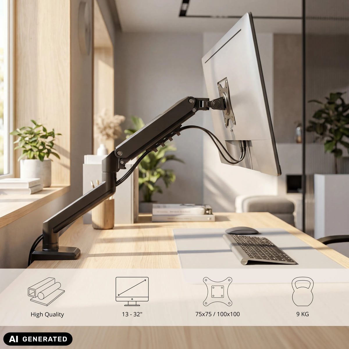 Black Ergomount GF1 monitor mount for screens up to 32 inches and 9 kg by hjh OFFICE (AI-generated image)