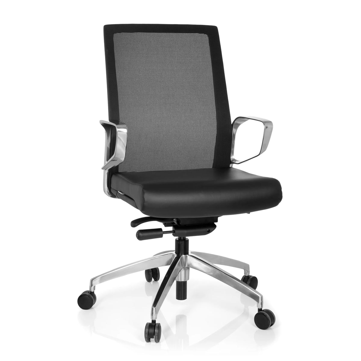 Black Professional Office Chair PROVIDER NET with mesh back and five-caster base by hjh OFFICE – 360-degree view (front view 20°)