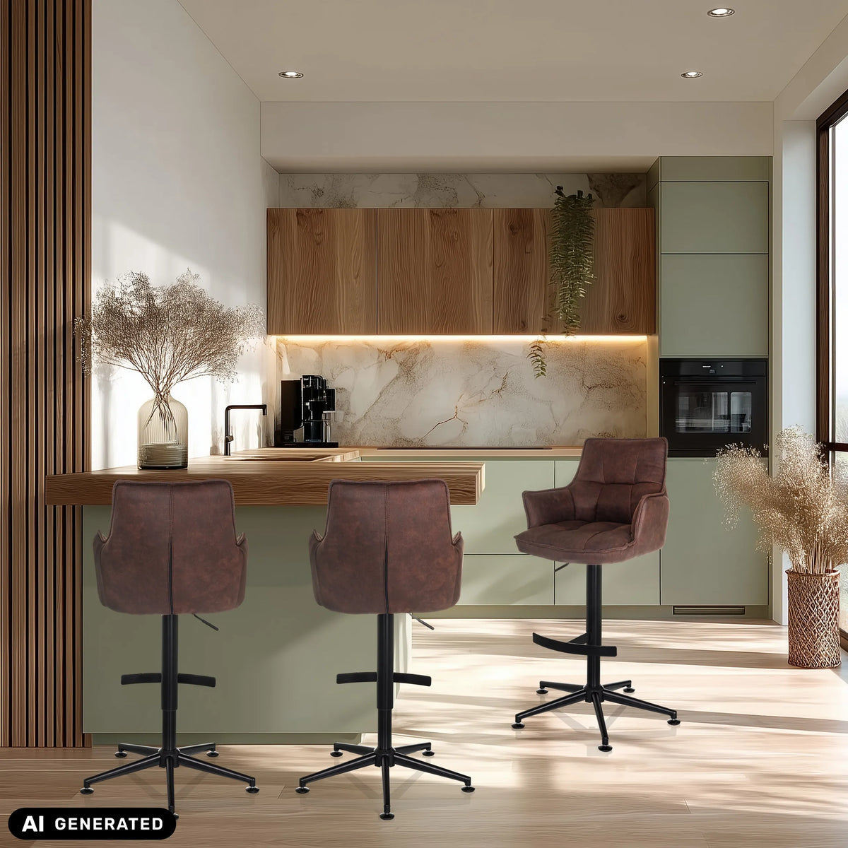 Three brown SOLAO LIFE HIGH bar stools with star base in a modern kitchen by hjh LIVING (AI-generated image)