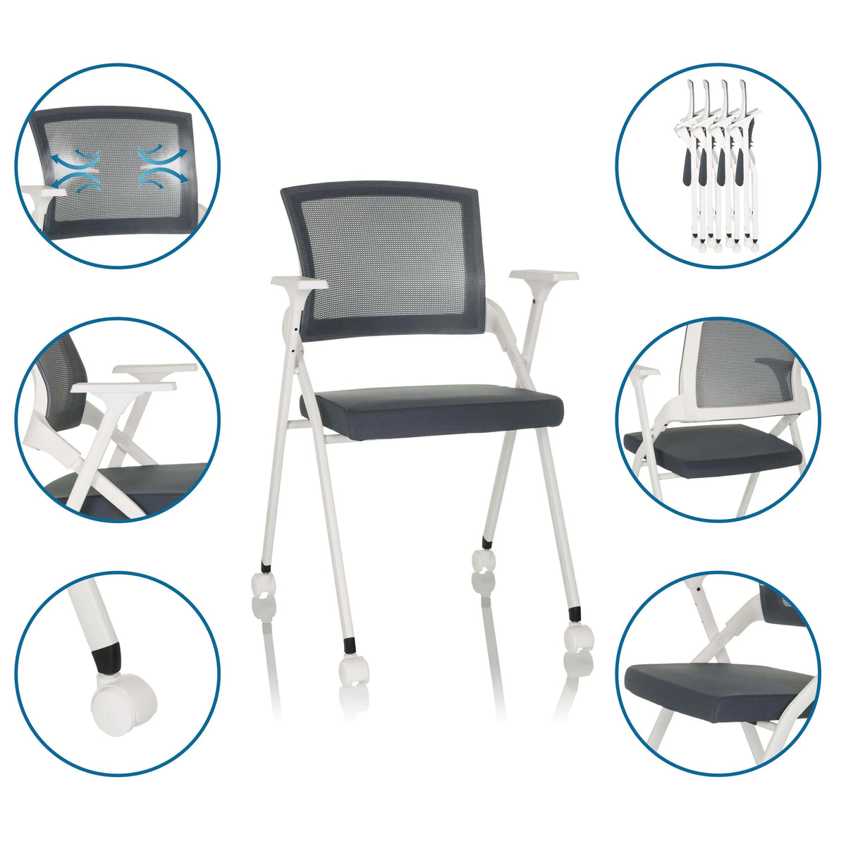 Grey Folding chair PRIORITY II W with mesh backrest, white legs and castors by hjh OFFICE