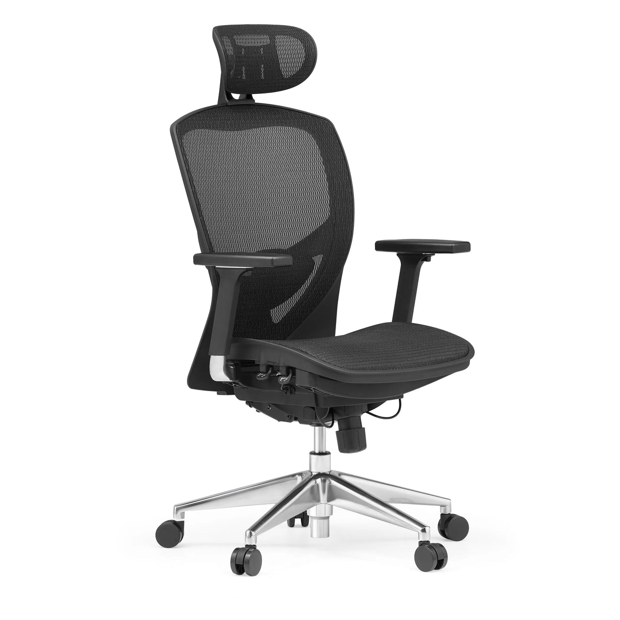 Black High End Office Chair VENUS ONE with mesh back and five-caster base by hjh OFFICE – 360-degree view (front three-quarter view 45°)