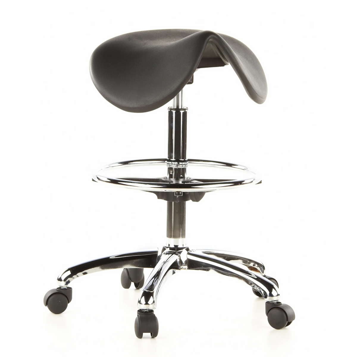 Black Saddle stool TOP WORK 13 with foot ring and five-caster base by hjh OFFICE – 360-degree view (front view 20°)