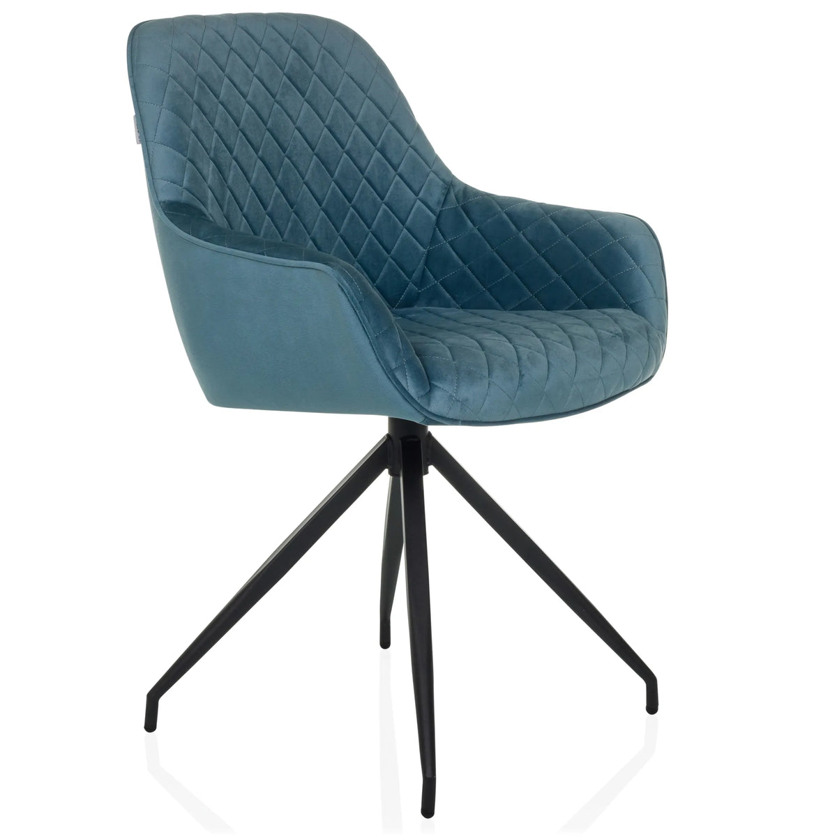 Blue-grey upholstered chair ELVERUM with stitching and black four-leg base by hjh LIVING – 360-degree view (front three-quarter view 45°)
