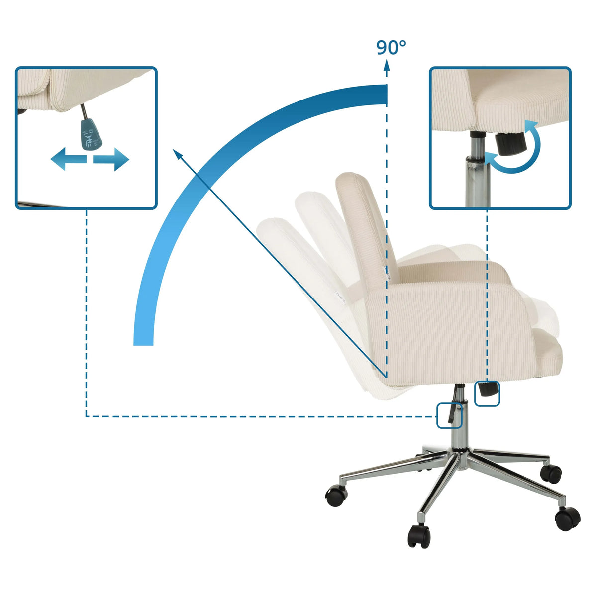 Adjustable seat height and 90 degree backrest tilt of the Home Office Chair SOLAO CORD by hjh OFFICE