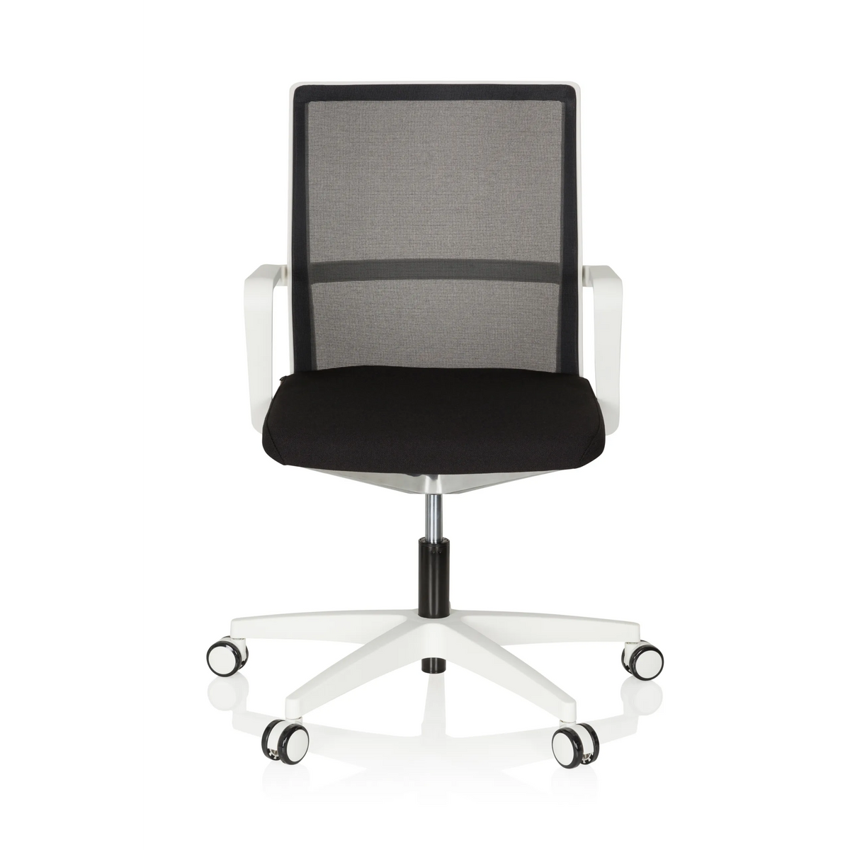 Black and white Professional Office Chair MOVE-TEC NET 3D W with mesh back and white five-caster base by hjh OFFICE – 360-degree view (front view 0°)