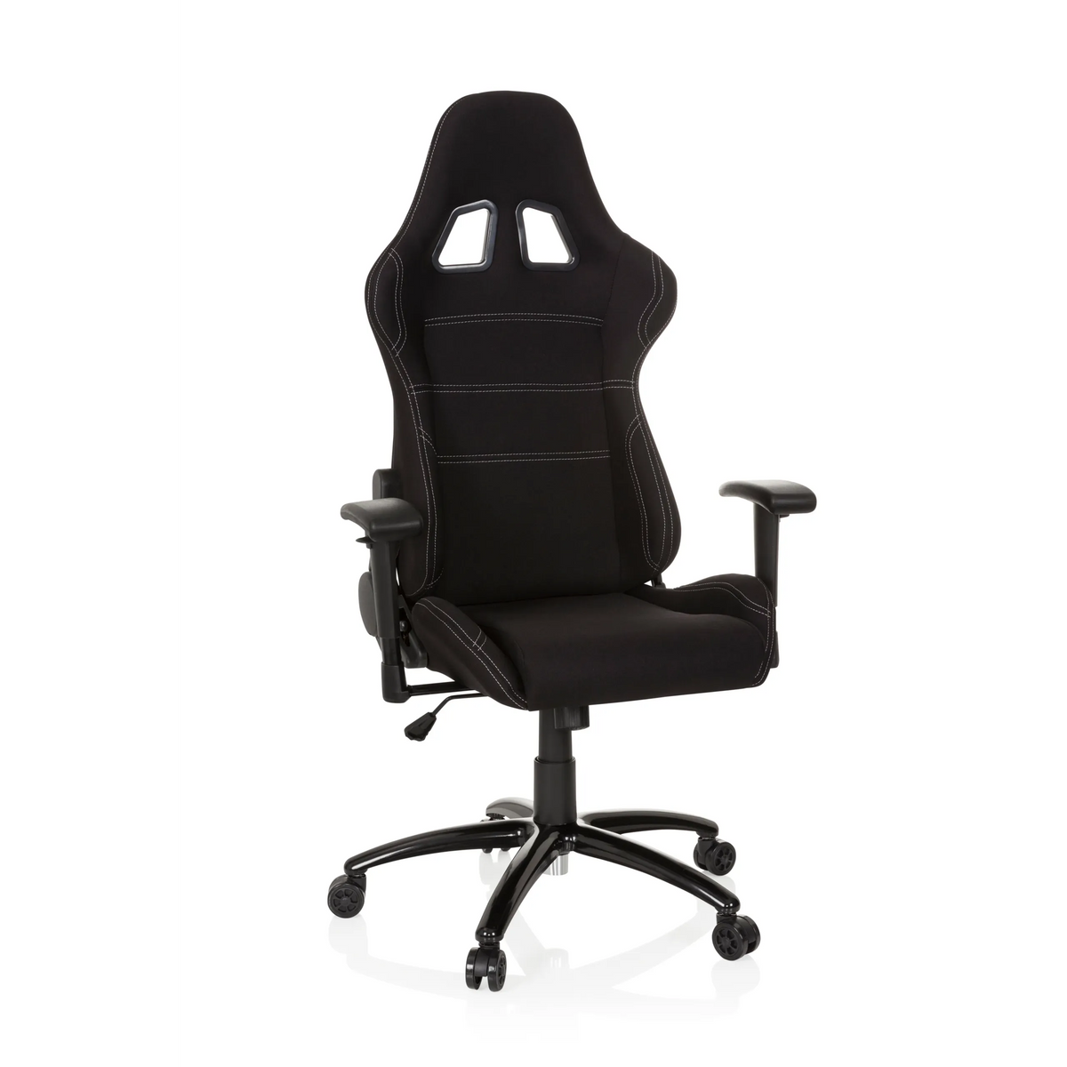 Black Gaming chair GAME FORCE with headrest, armrests and five-caster base by hjh OFFICE – 360-degree view (front view 20°)