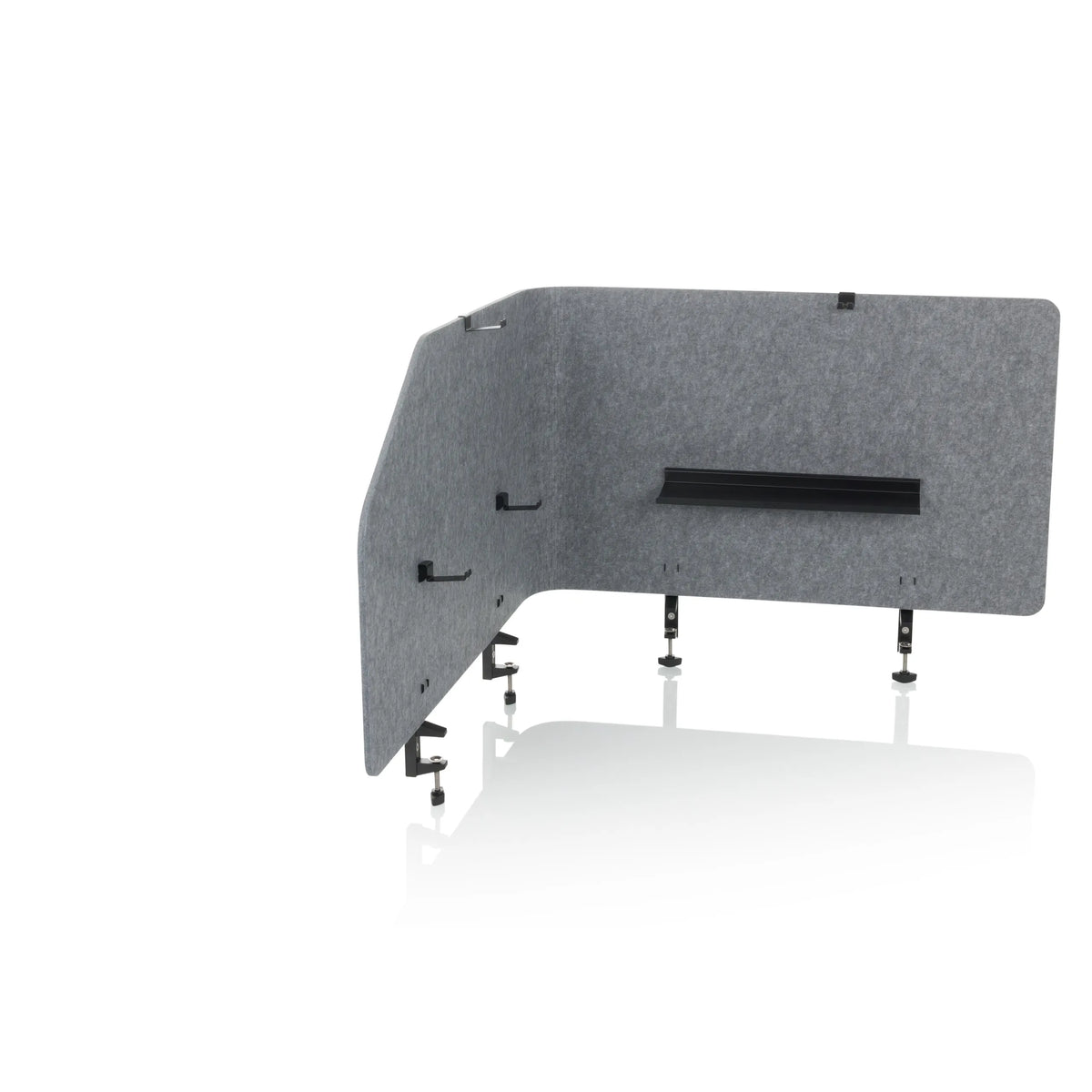 Grey Table partition FLEXMIUT T TOP with integrated shelf and mounting clamps by hjh OFFICE – 360-degree view (front three-quarter view 30°)
