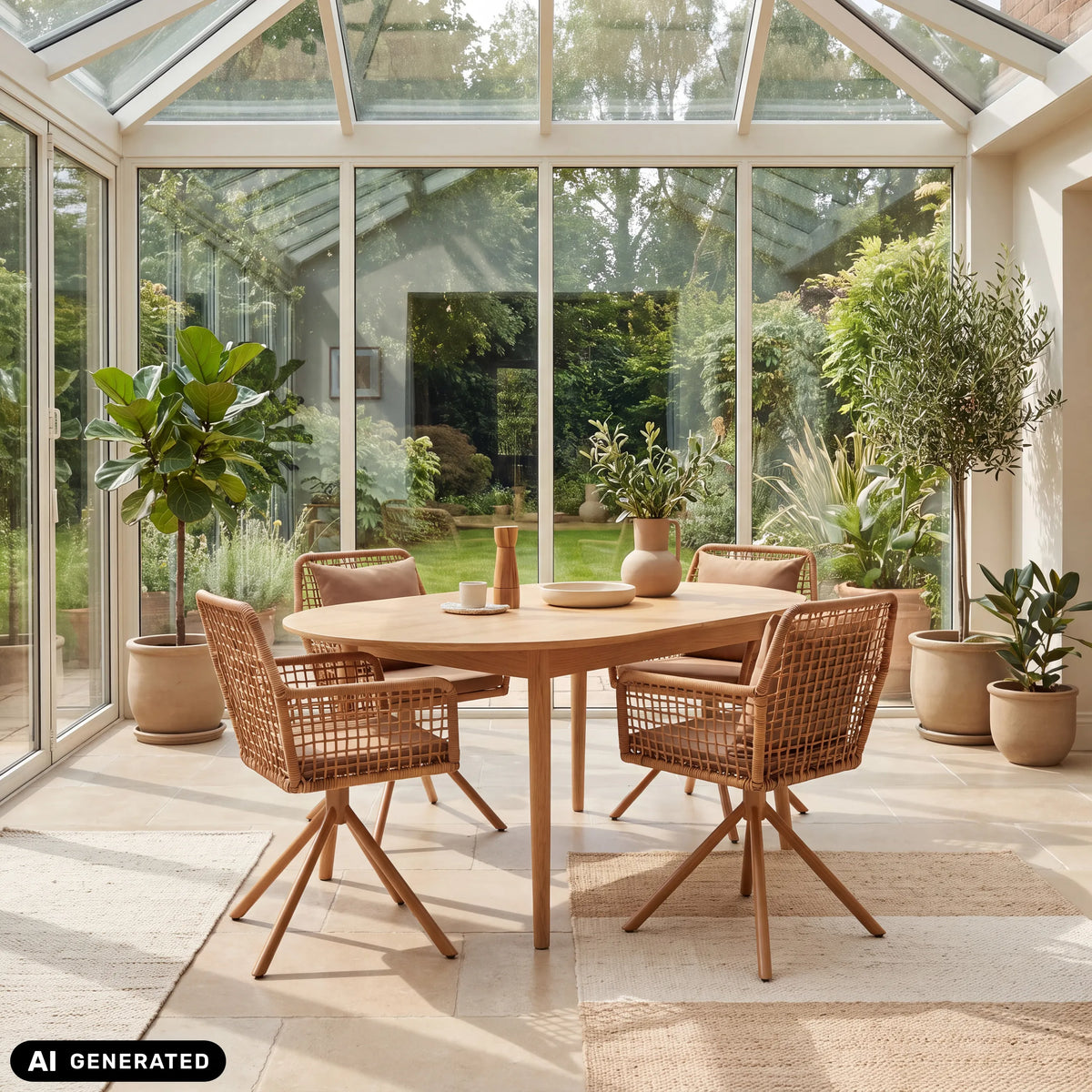 Brown Tavaro Korvik upholstered chairs with wickerwork at an oval wooden table by hjh LIVING (AI-generated image)