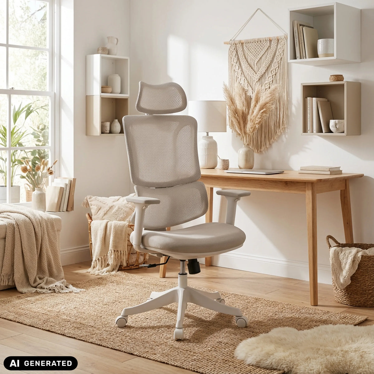 Beige Ergomy Colore home office chair with mesh backrest and armrests by MyBuero (AI-generated image)