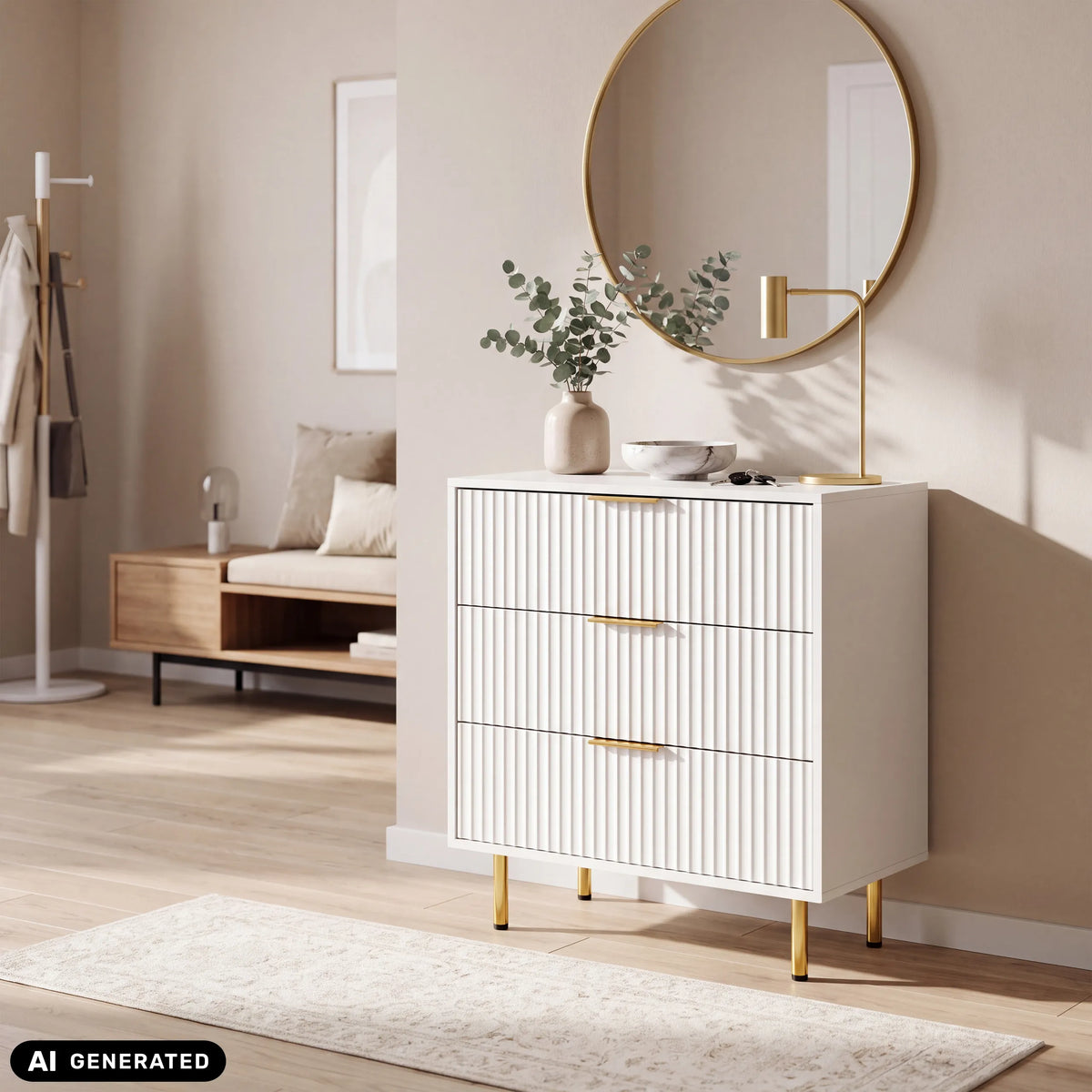 White Hjelle K chest of drawers with ribbed fronts, gold-coloured handles and legs by hjh LIVING (AI-generated image)