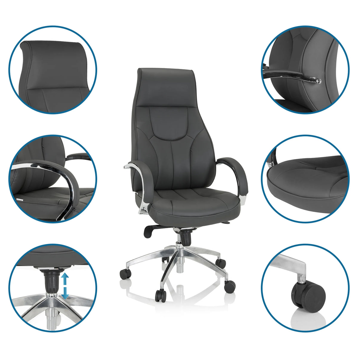 Grey Professional Executive Chair ELEGANCE I with detailed views of the upholstery, armrests and gas spring by hjh OFFICE