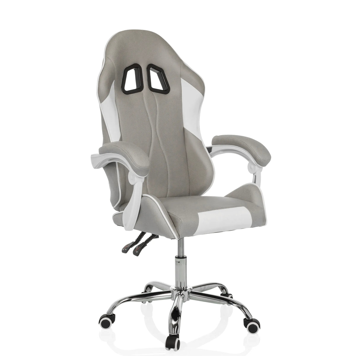 Grau-weißer Gamingstuhl GAMEBREAKER W03 mit zwei Kopfstützenöffnungen und Fußkreuz mit fünf Rollen von MyBuero – 360-Grad-Ansicht (schräge Frontansicht 30°)