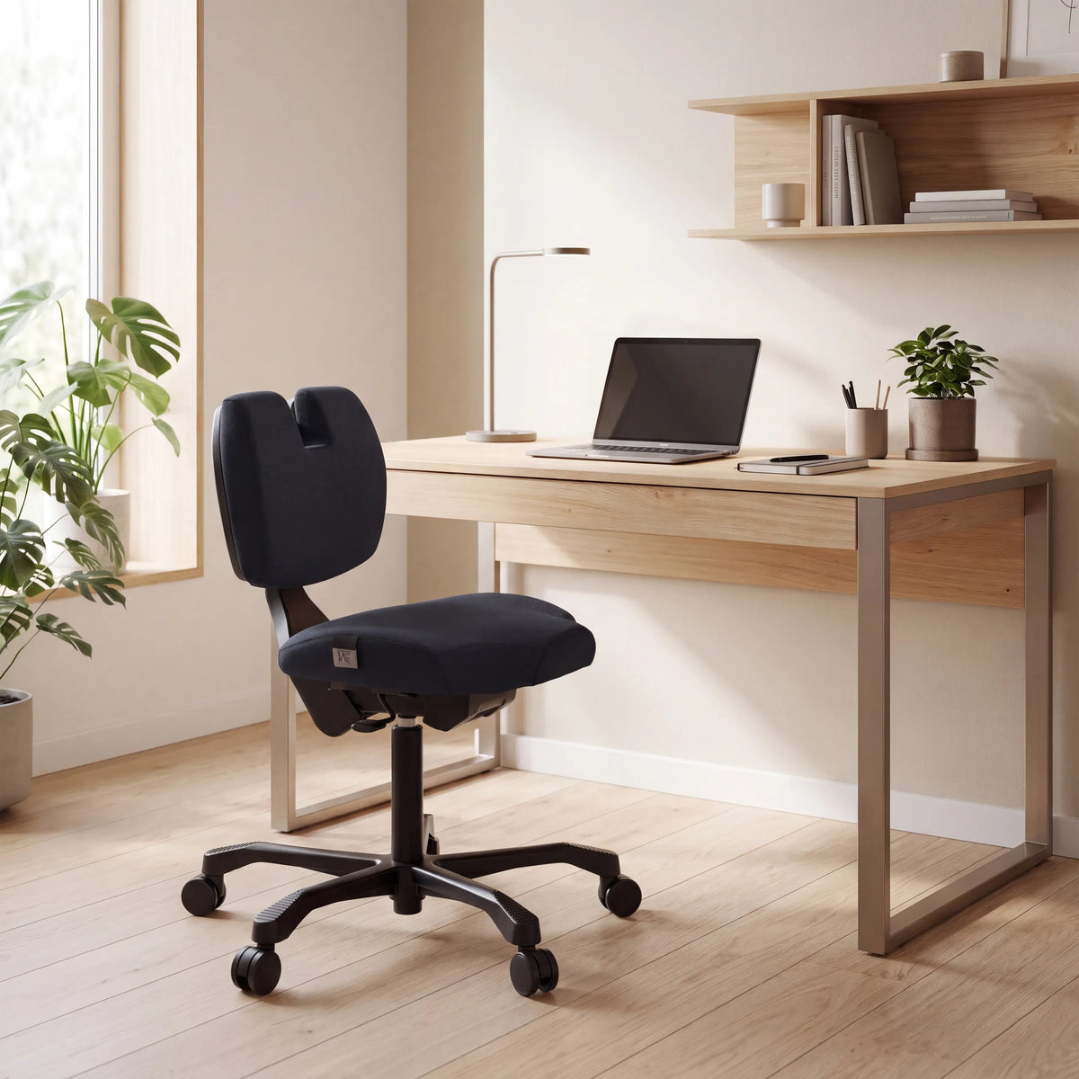 EvoShift kneeling chair in black at a light wood desk by hjh OFFICE