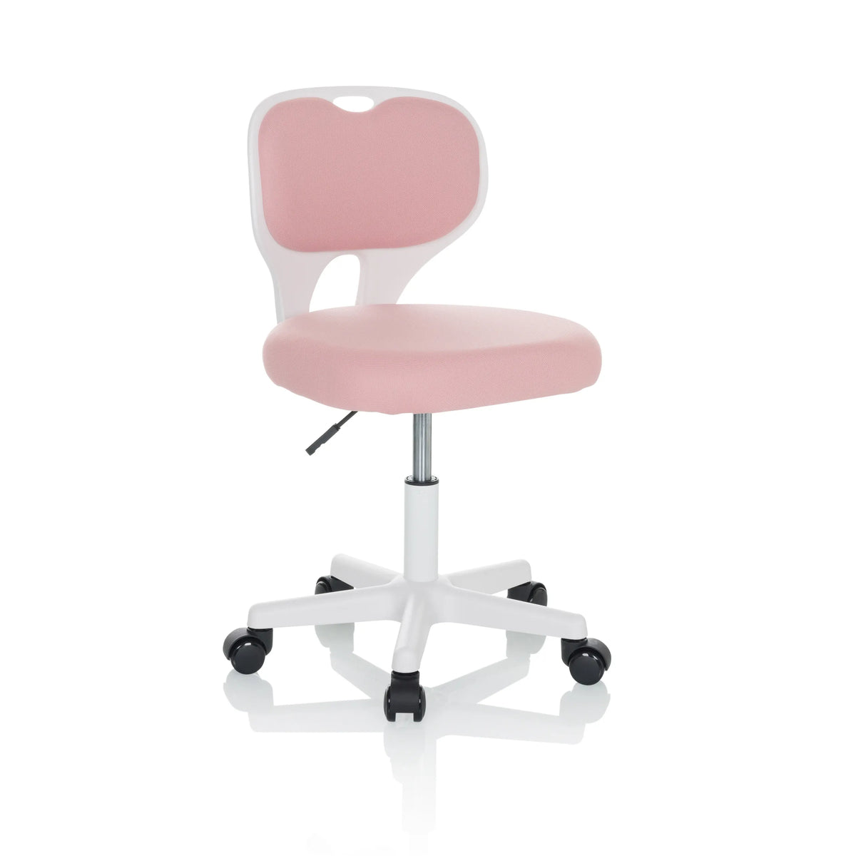 Pink Swivel Chair – Children KIDDY TOP W with white frame and five-caster base by hjh OFFICE – 360-degree view (front three-quarter view 30°)