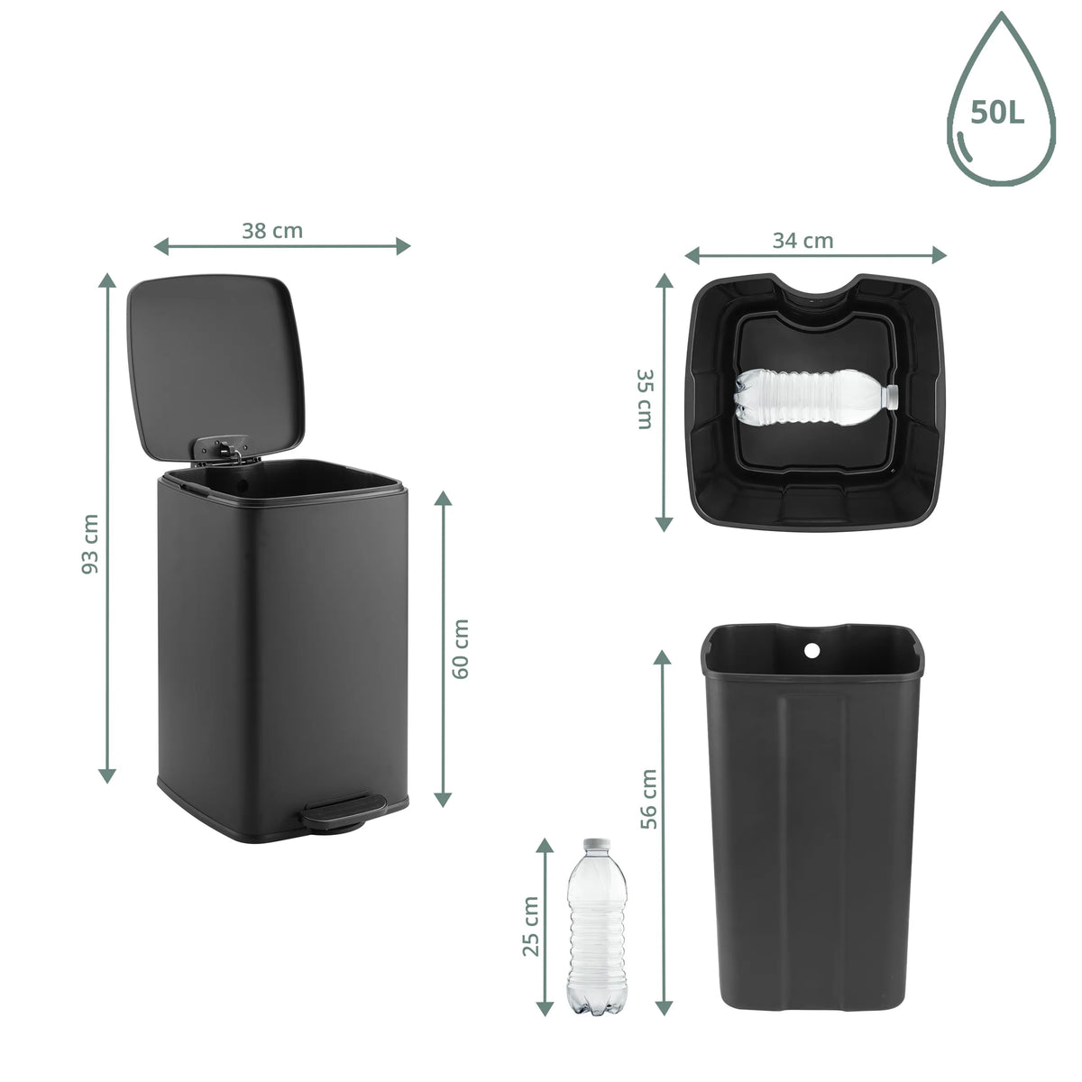 Dimensional drawing of the Wastepaper Clean Step 3 with a 50 l capacity and a height of 93 cm by hjh OFFICE