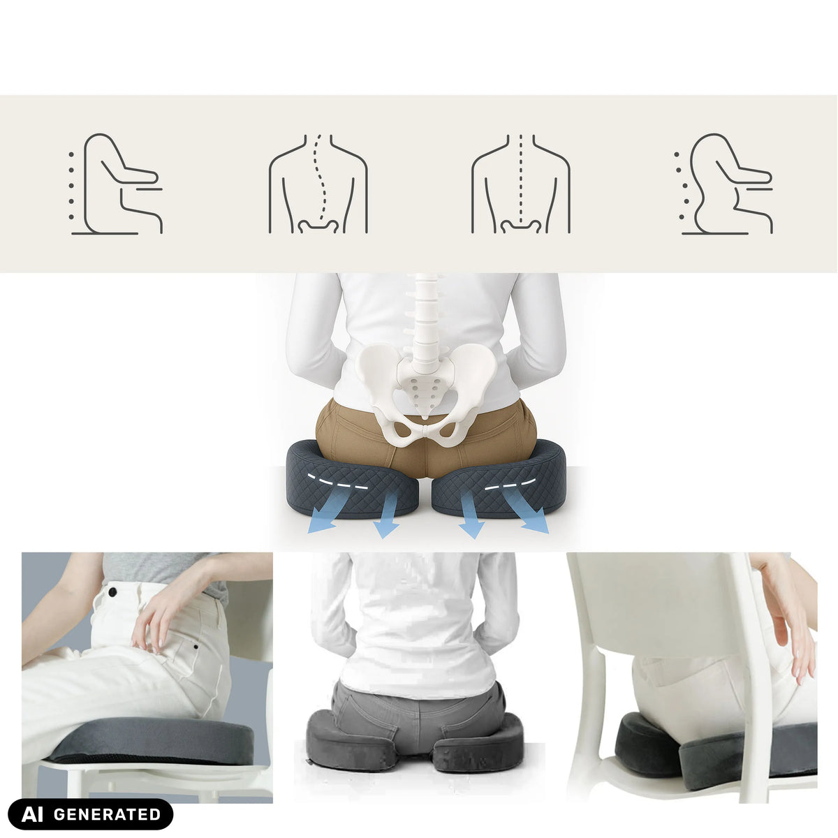 Grey MEDISIT VIII seat cushion in various views and application situations by hjh OFFICE (AI-generated image)